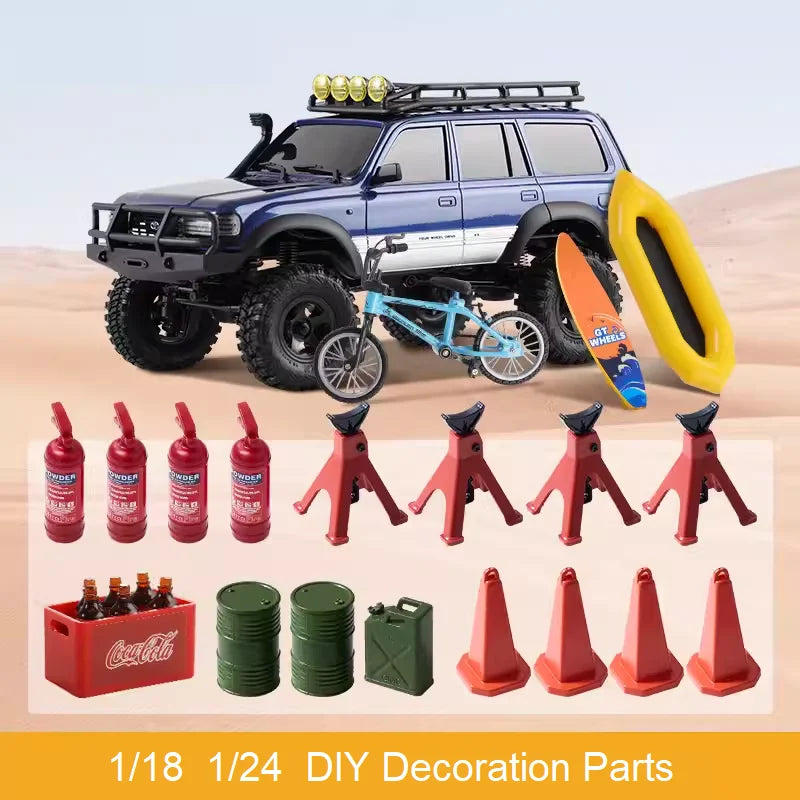 A set of DIY decoration parts including a surfboard, kayak, and roadblocks for an RC car model.