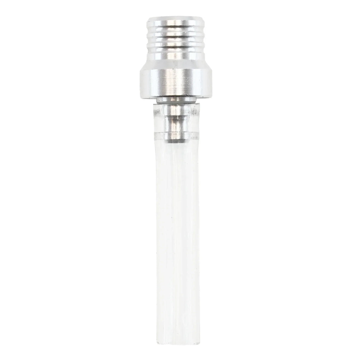A clear plastic fuel tank breather valve with a metal threaded fitting.