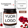 A dark glass jar candle with a custom logo label and a rose scent, showing the product size and customization scope.