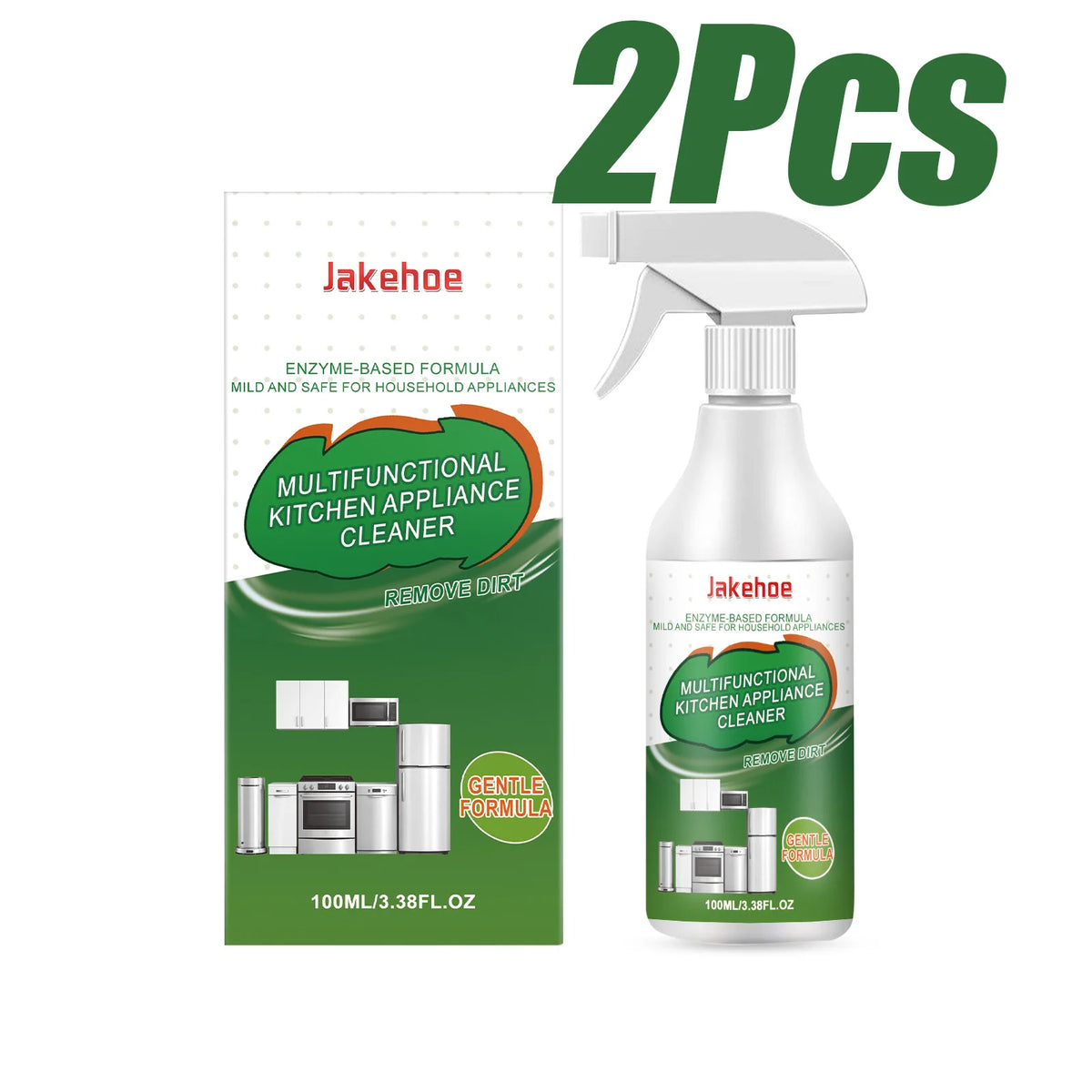 Deux bouteilles de nettoyant pour cuisine à base d'enzymes Jakehoe avec distributeur à pompe.