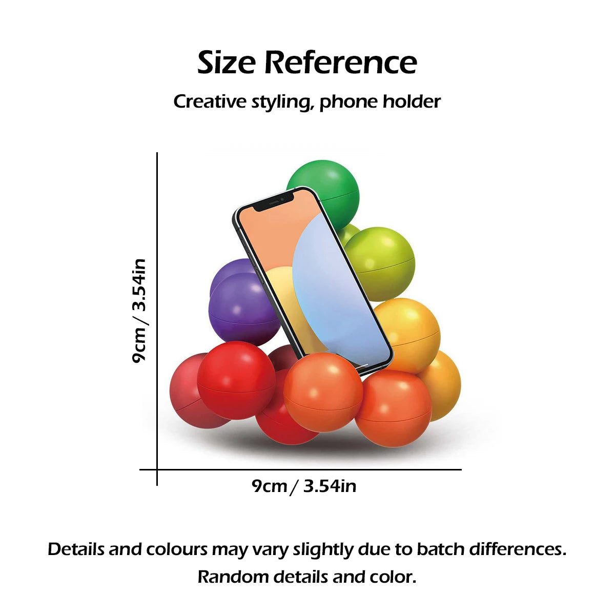 Size reference showing a phone holder with various colored 3D rotating fidget balls.