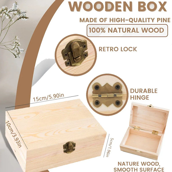 Une boîte en bois clair de pin avec serrure rétro et charnière durable, montrant sa surface naturelle.