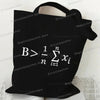 Black canvas tote bag featuring the mathematical inequality B > 1/n * sum(xi) where i=1 printed on it.