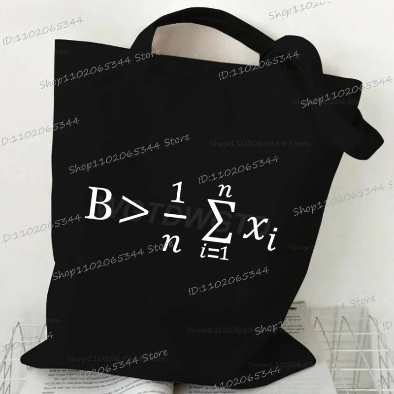 Black canvas tote bag featuring the mathematical inequality B > 1/n * sum(xi) where i=1 printed on it.