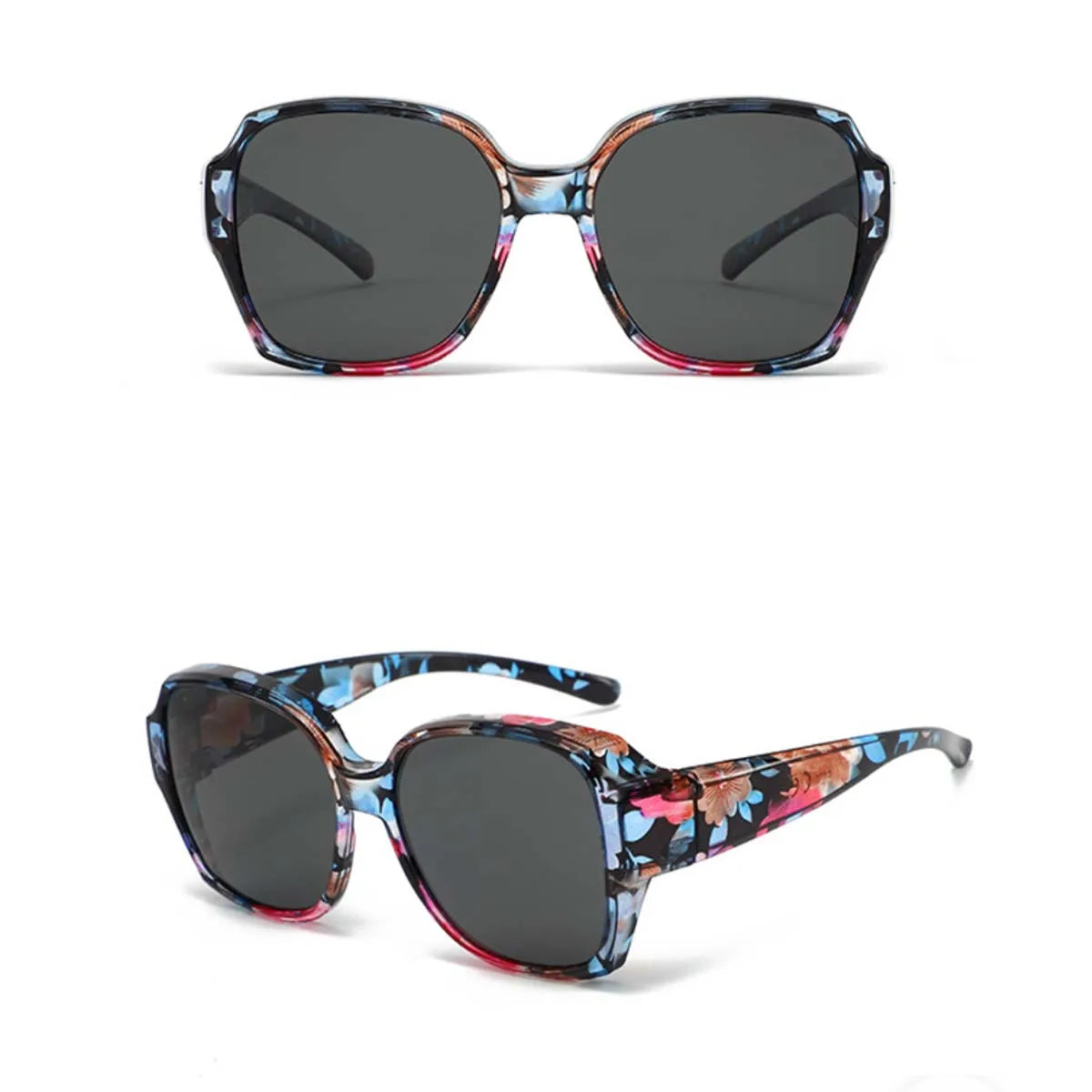 Un par de gafas de sol cuadradas con lente marmolado multicolor y montura oscura.
