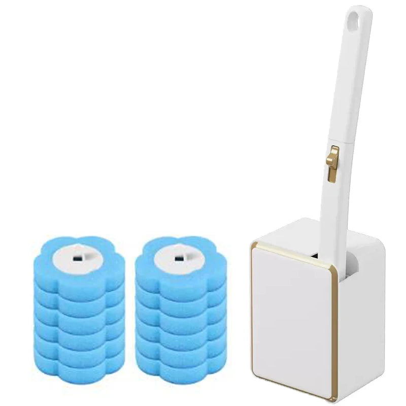 A white wall-mounted disposable toilet brush set with blue silicone heads and a gold accent.