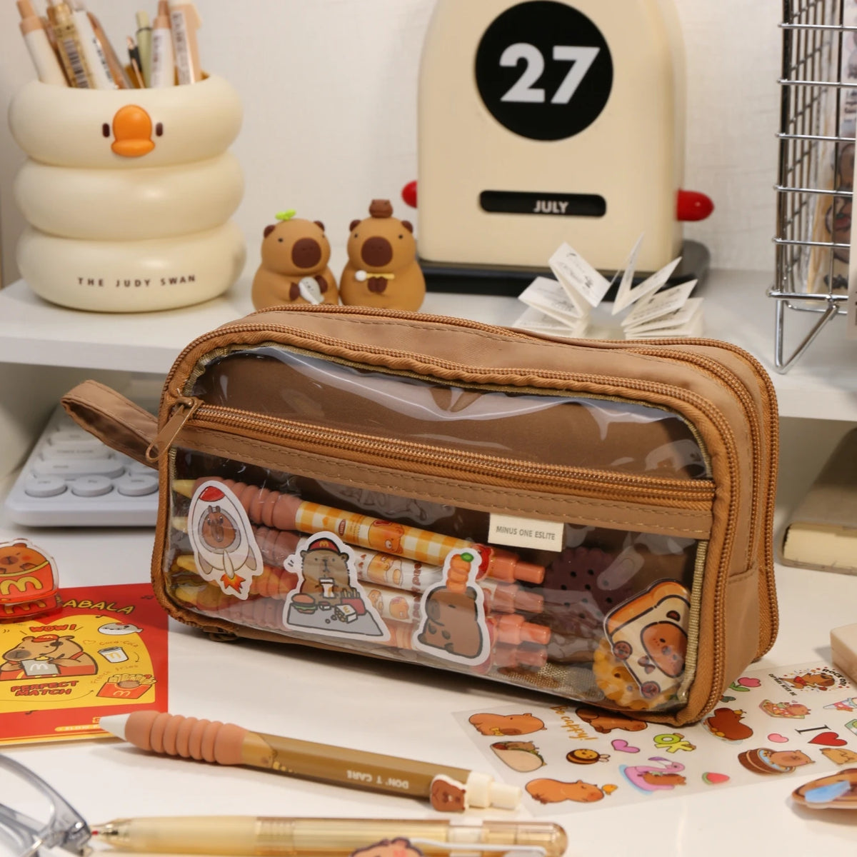 Transparent Double-Sided Pencil Case with Capybara Design