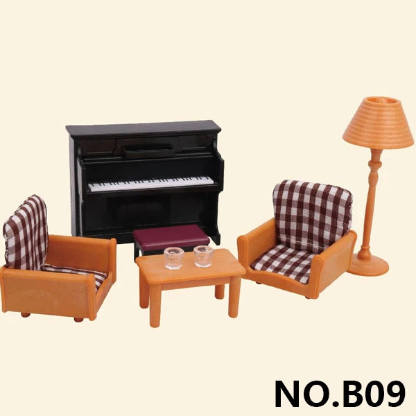 A miniature dollhouse furniture set featuring a black piano, an orange armchair, and a lamp.
