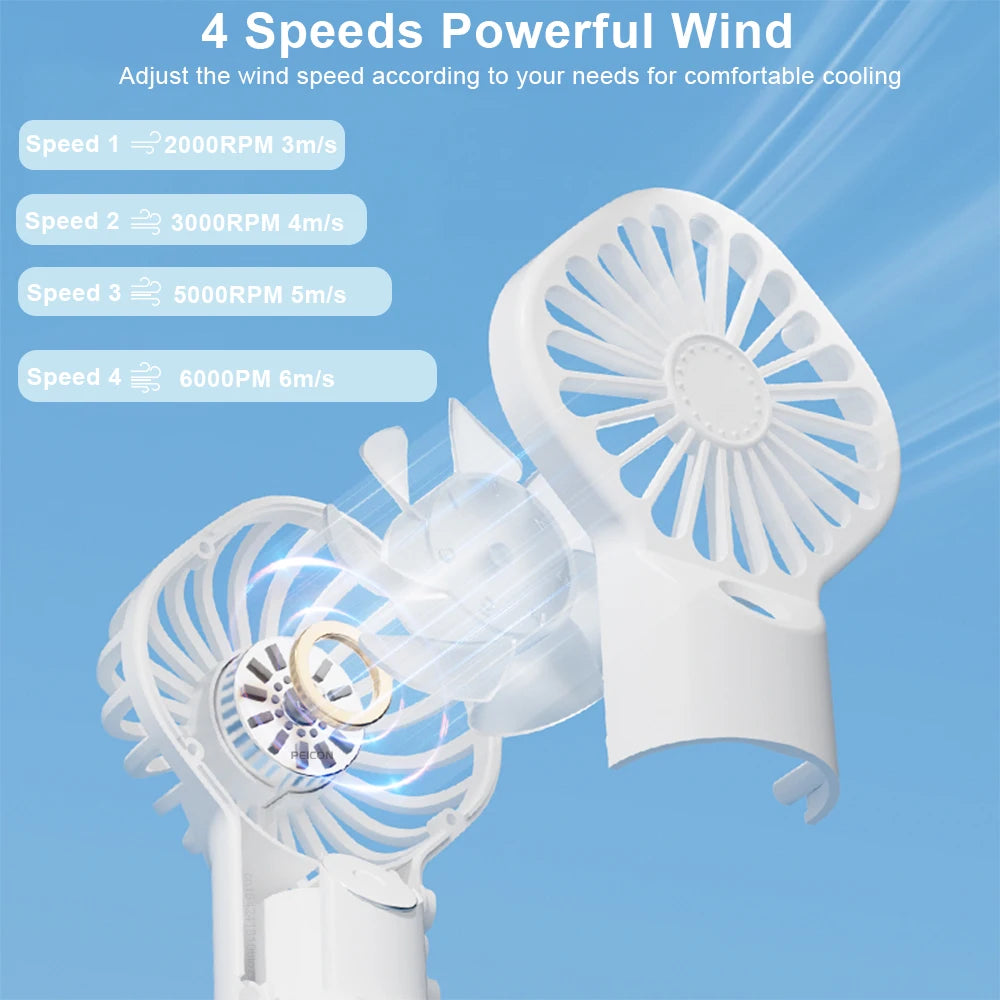 A white portable rechargeable mist fan with four speed settings displayed on a blue background.