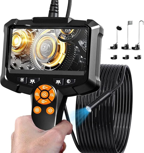 A black inspection camera device is shown with a display, controls, and a coiled cable, alongside various inspection tips.