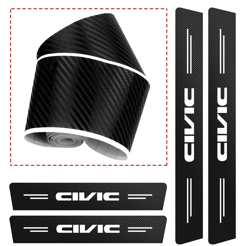 Black carbon fiber door sill protector stickers for select Honda models shown in rolled and flat forms