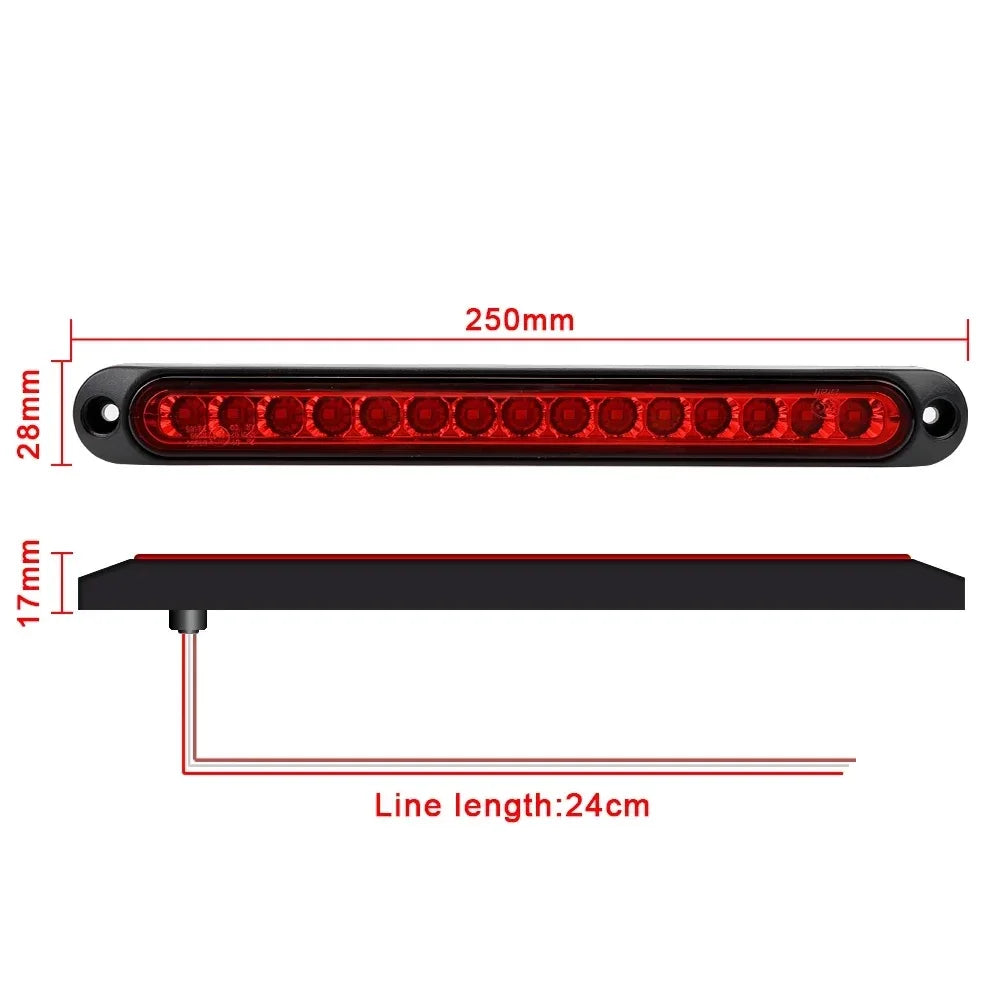Black LED light bar with 15 red LEDs, measuring 250mm long and 17mm high.