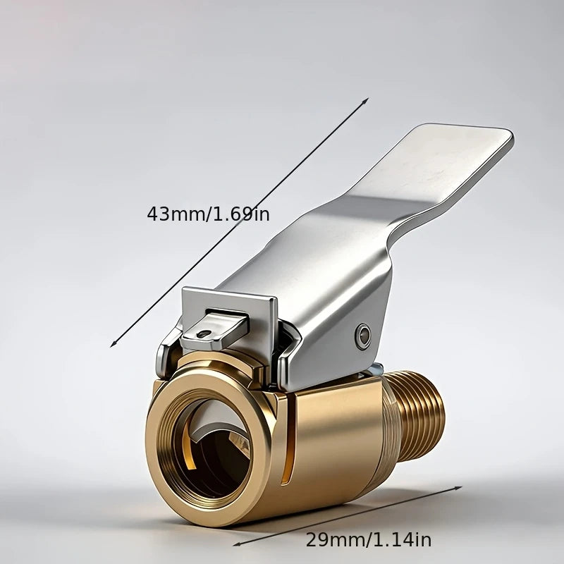 A solid brass lock-on air chuck set with a 43mm opening and a 29mm diameter.