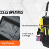 A black heavy-duty tool bag with quick-access openings, showing various pockets and tools.