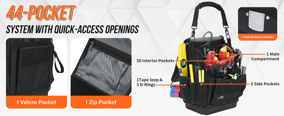 A black heavy-duty tool bag with quick-access openings, showing various pockets and tools.