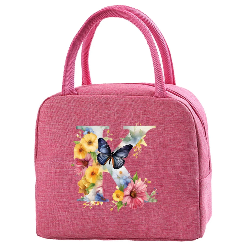 Insulated Canvas Lunch Bag with Butterfly Letter Pattern