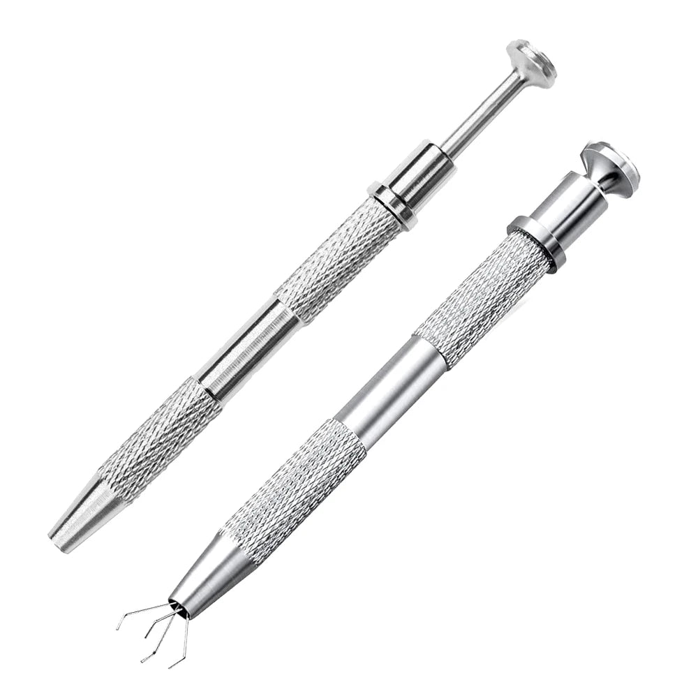 A silver 4-prong precision pick-up claw tool used for jewelry making.