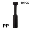 Ten black industrial pneumatic push-to-connect fittings.