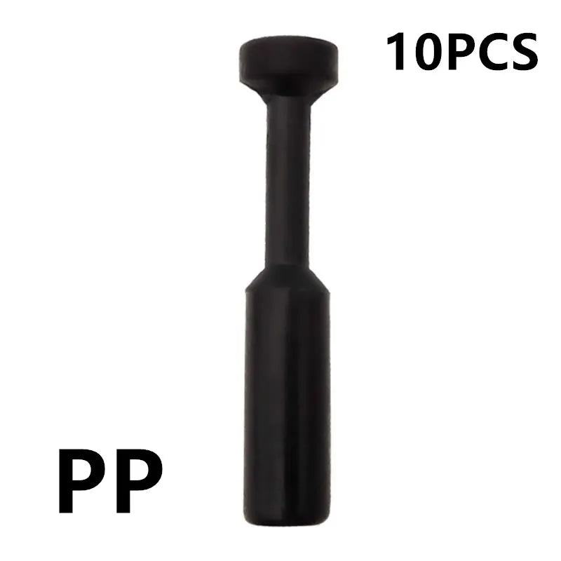 Ten black industrial pneumatic push-to-connect fittings.