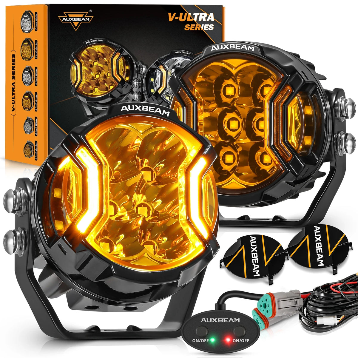 A set of Auxbeam V-Ultra series LED driving lights with amber DRL and side shooter components.