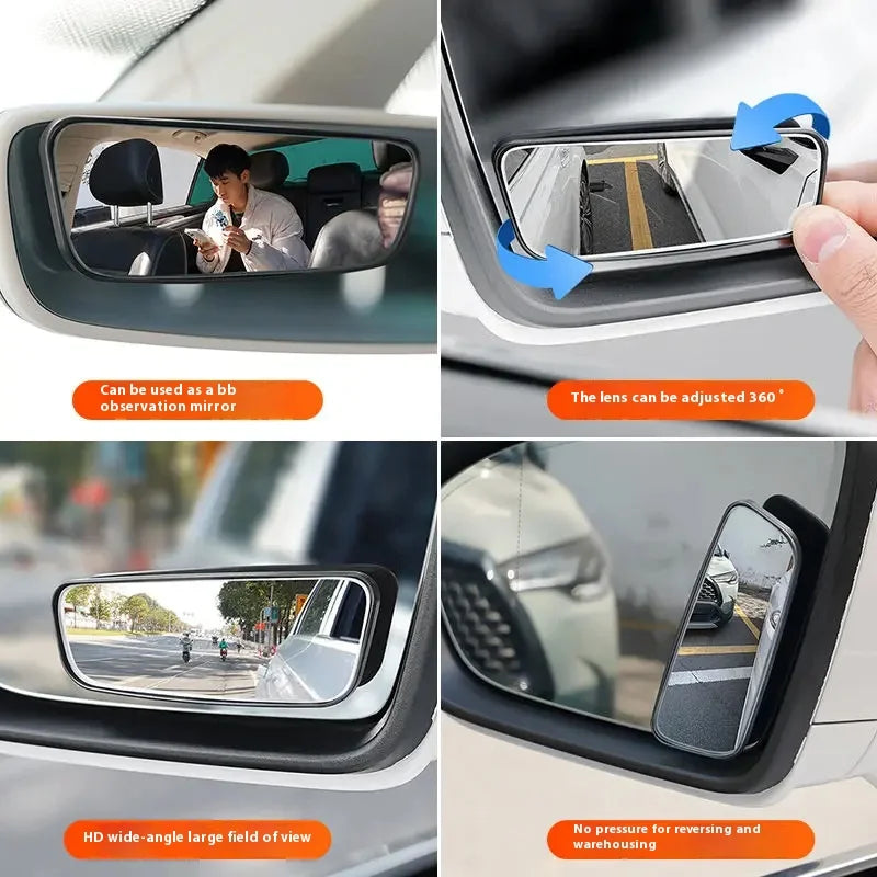 A pair of 360-degree adjustable blind spot mirrors for cars showing various installation and usage angles.
