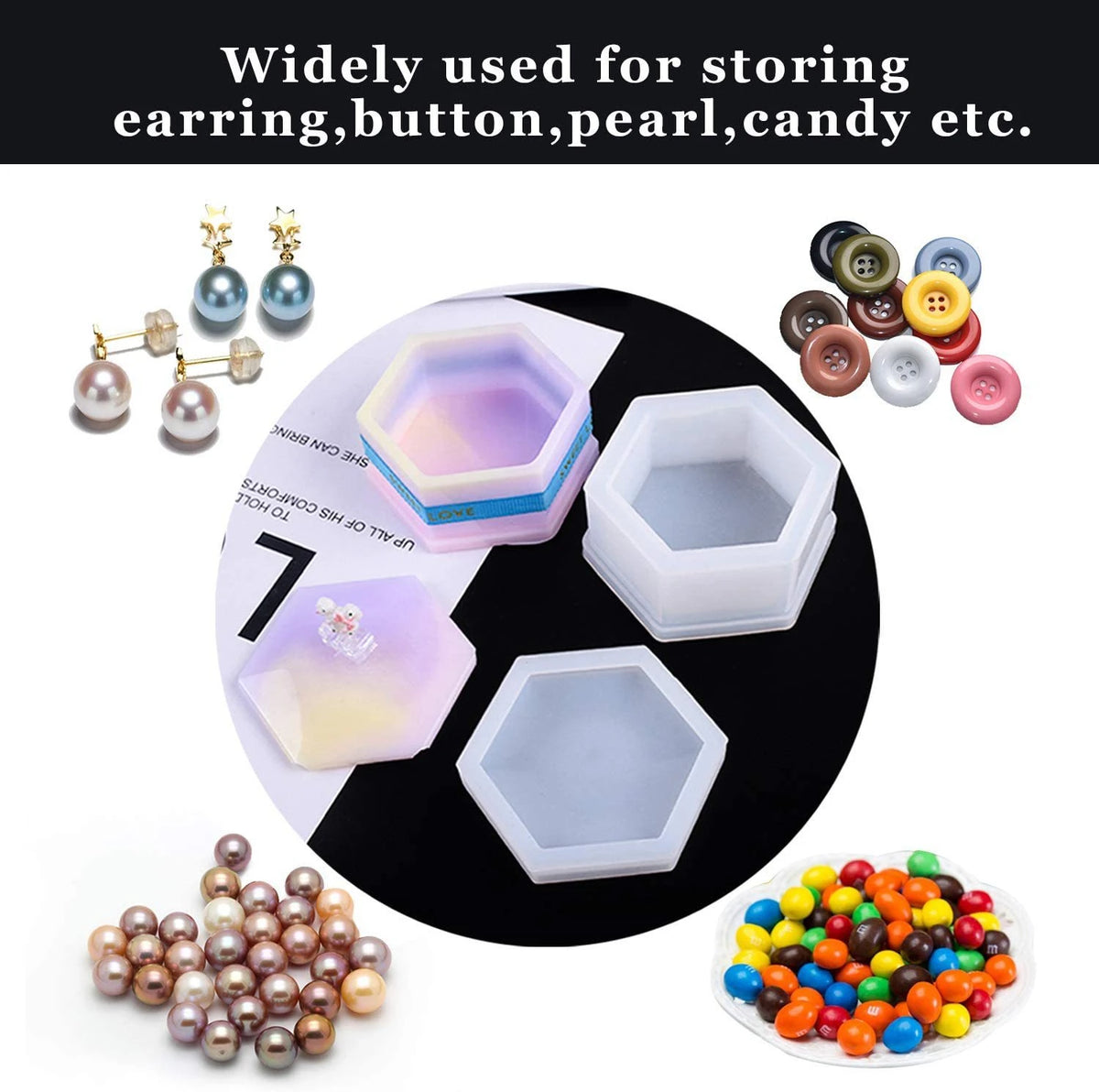 A set of silicone jewelry boxes and resin molds for storing earrings, buttons, pearls, and candy.