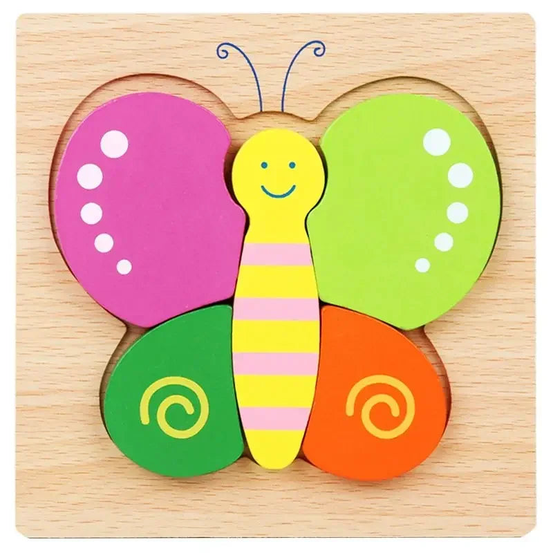 A wooden jigsaw puzzle featuring a bee character with colorful body parts and wings.