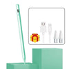 Un lápiz stylus de precisión verde claro junto a su cable de carga y dos puntas intercambiables en un soporte verde azulado.