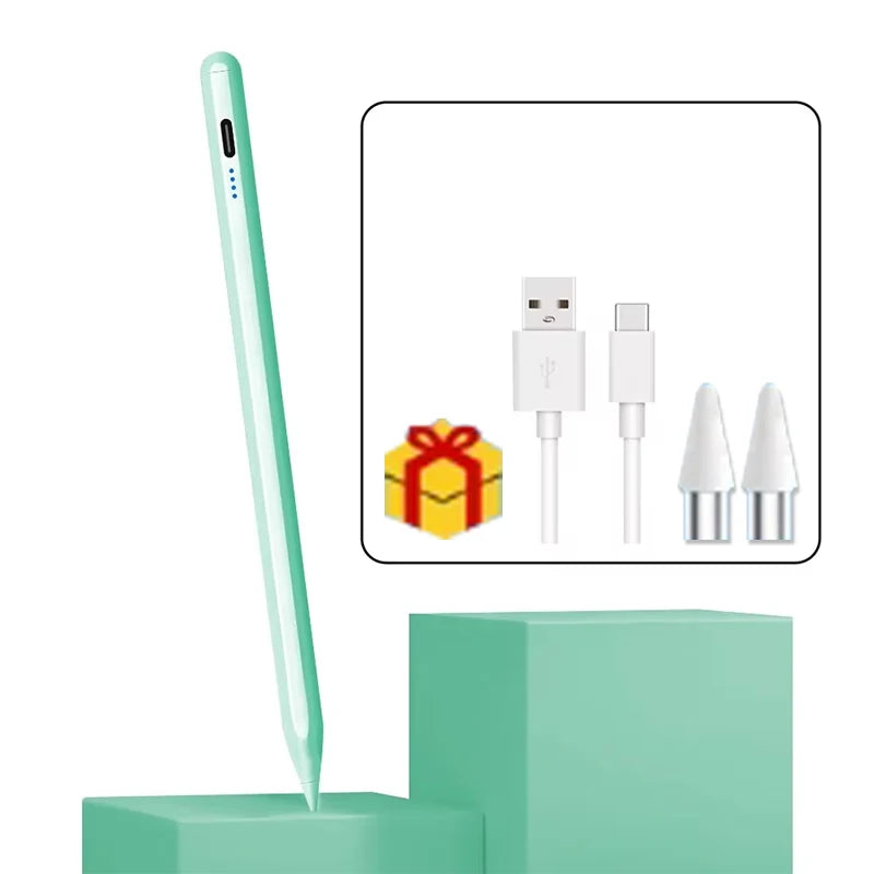 Un lápiz stylus de precisión verde claro junto a su cable de carga y dos puntas intercambiables en un soporte verde azulado.