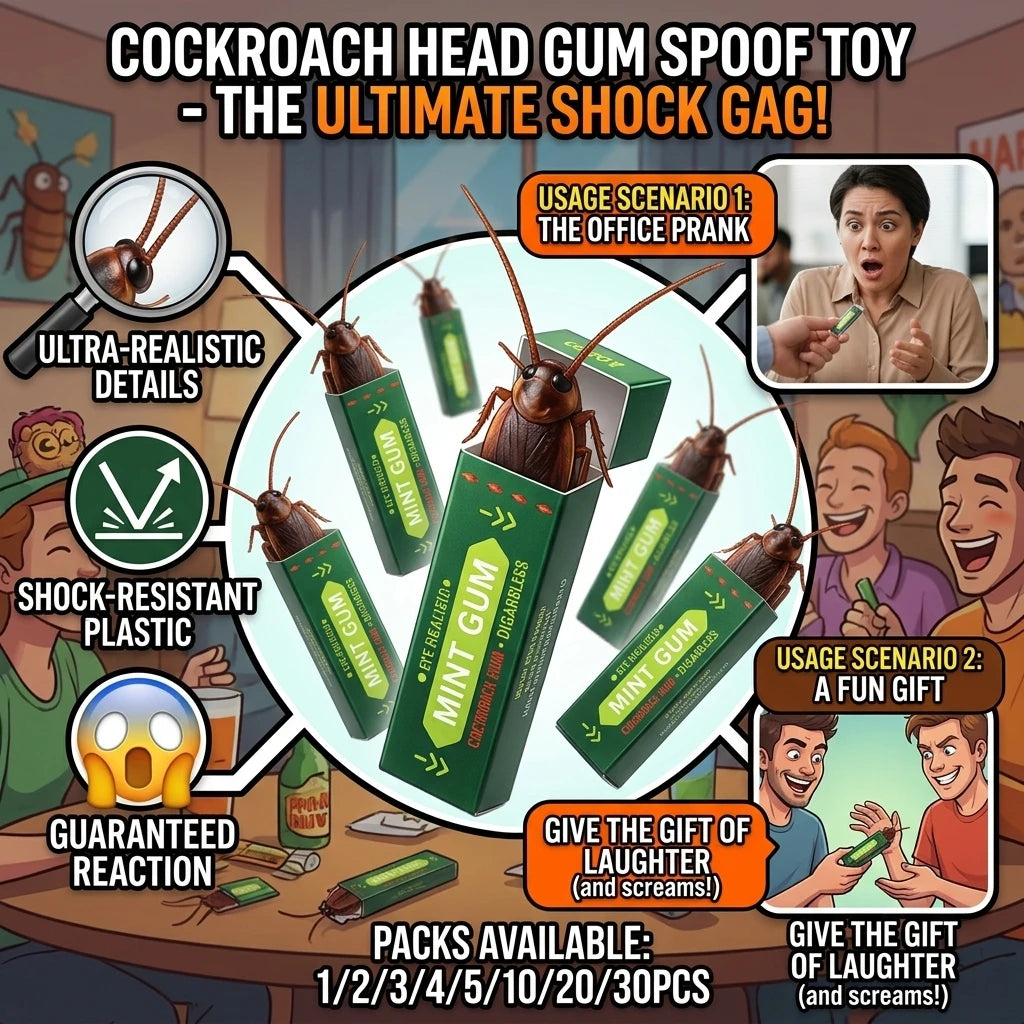 A package of cockroach head gum spoof toy for a shock gag, showing realistic details and usage scenarios.