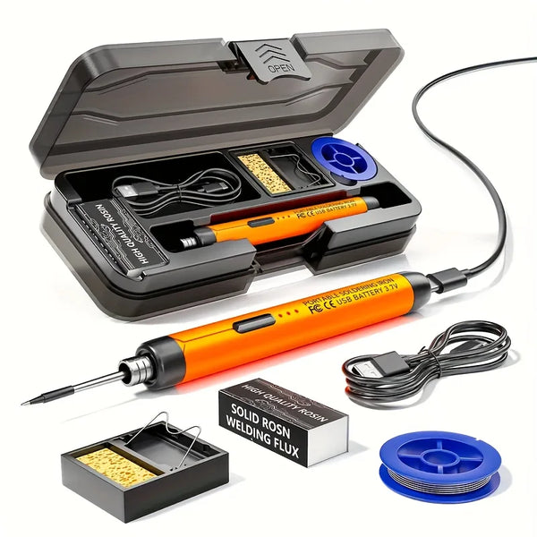 Kit de fer à souder portable USB montrant le fer, la pointe et le flacon de flux.