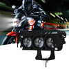 A motorcycle headlight assembly featuring dual-color LED spotlights mounted on a bracket.