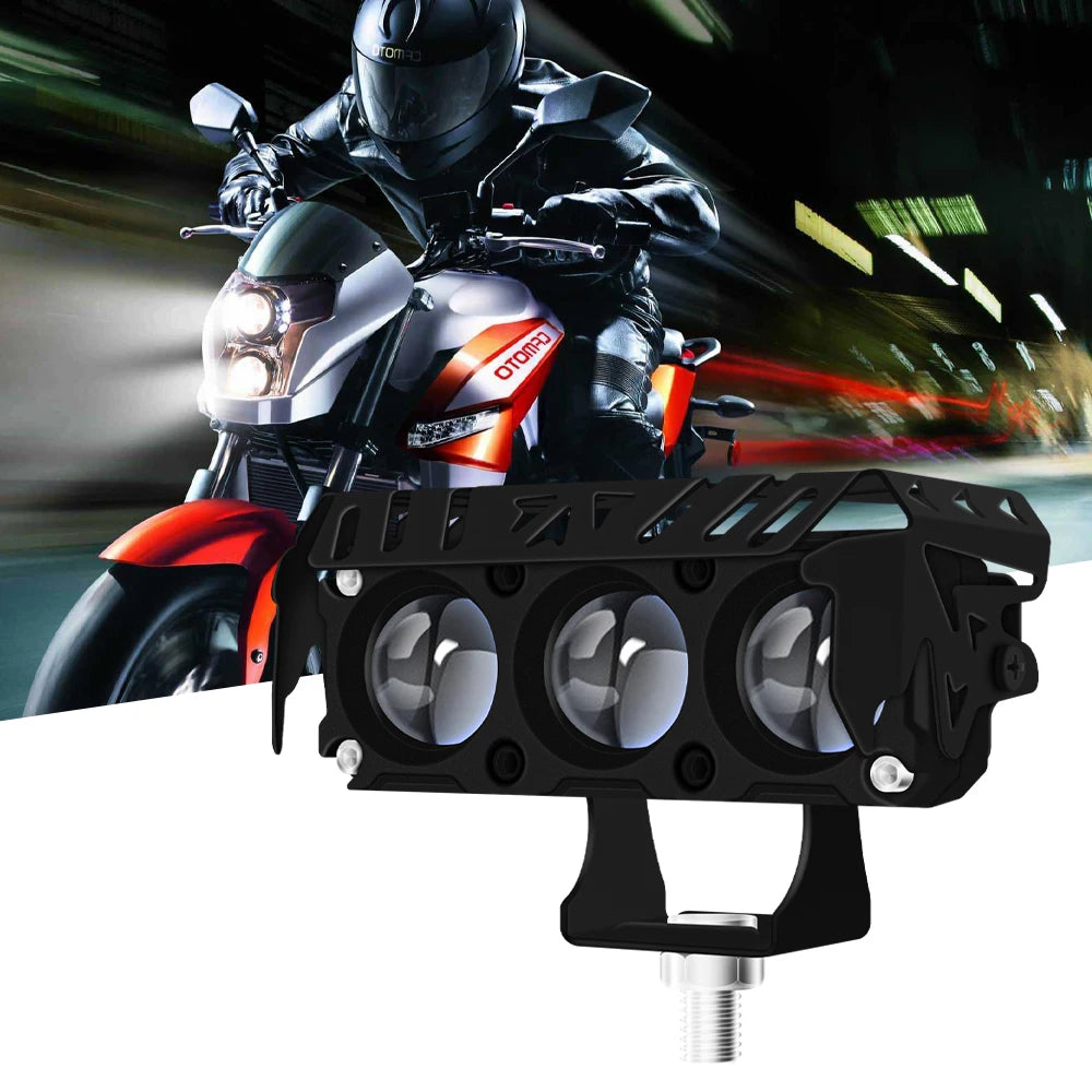 A motorcycle headlight assembly featuring dual-color LED spotlights mounted on a bracket.
