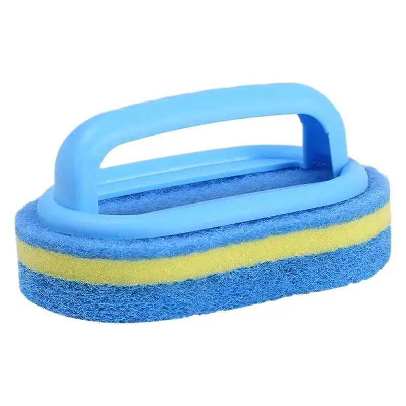 Blue and yellow household sponge cleaning brush with an ergonomic handle