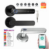 A smart fingerprint door handle lock featuring a digital keypad and a sleek handle, shown alongside various language options.