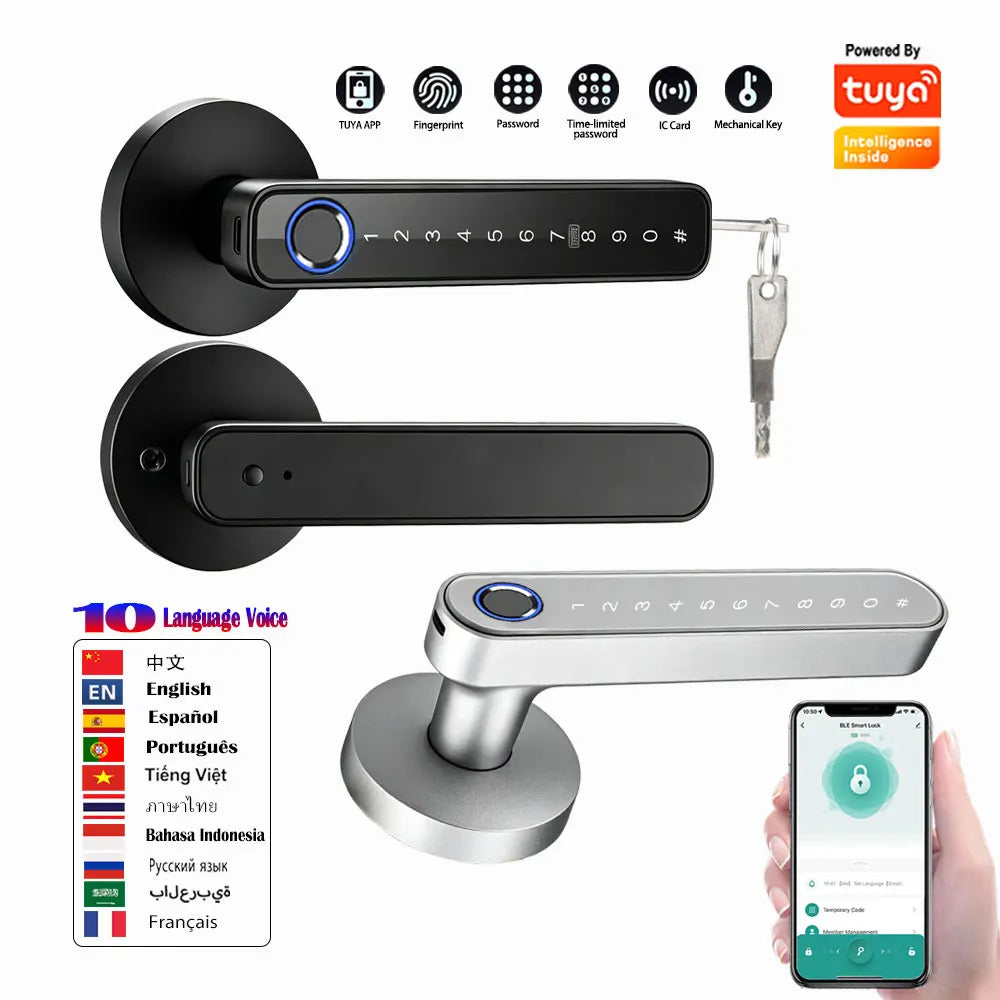 A smart fingerprint door handle lock featuring a digital keypad and a sleek handle, shown alongside various language options.