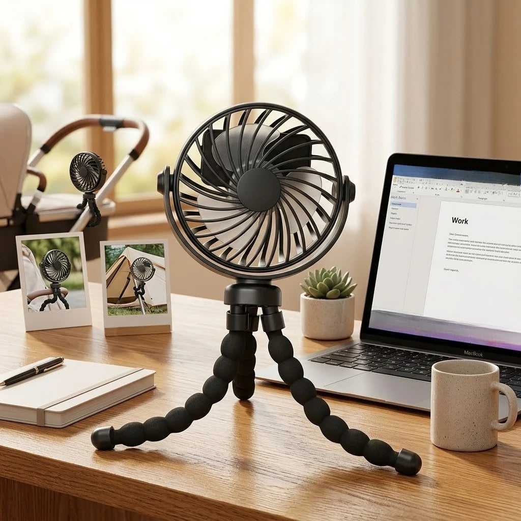 A black flexible octopus USB fan mounted on a tripod stand sits on a wooden desk next to a laptop and a mug.