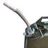 A silver, coiled universal jerry can spout with a leak-proof seal attached to a green container.