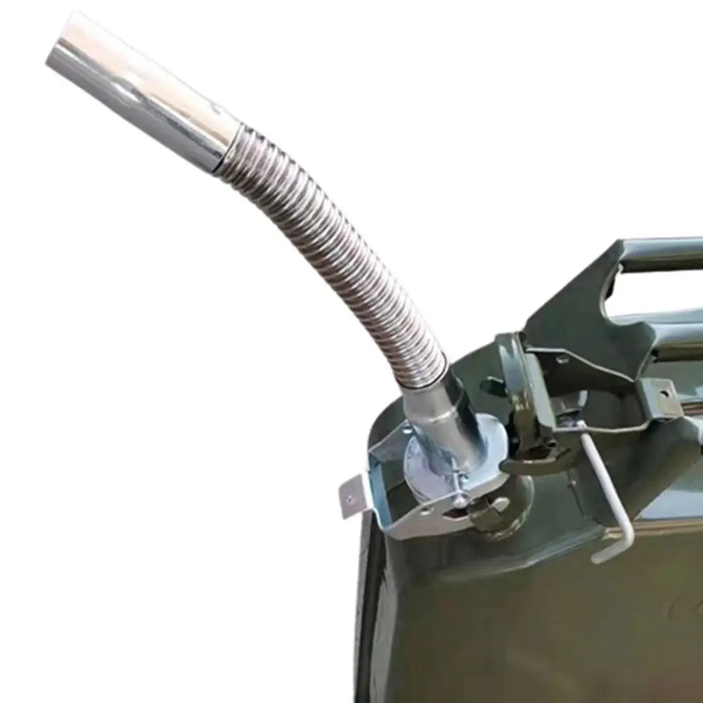 A silver, coiled universal jerry can spout with a leak-proof seal attached to a green container.