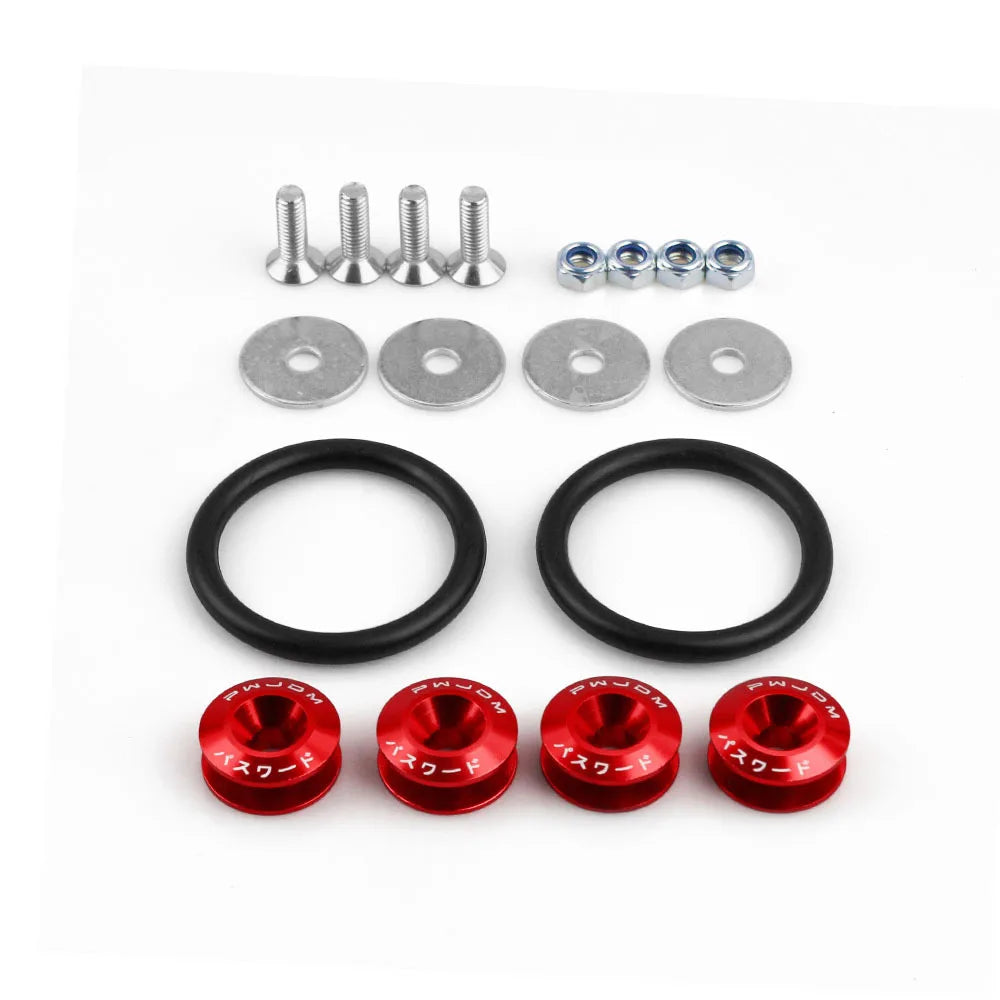 Aluminum quick release fastener kit for car bumpers and hatch lids including various sized bolts and rings