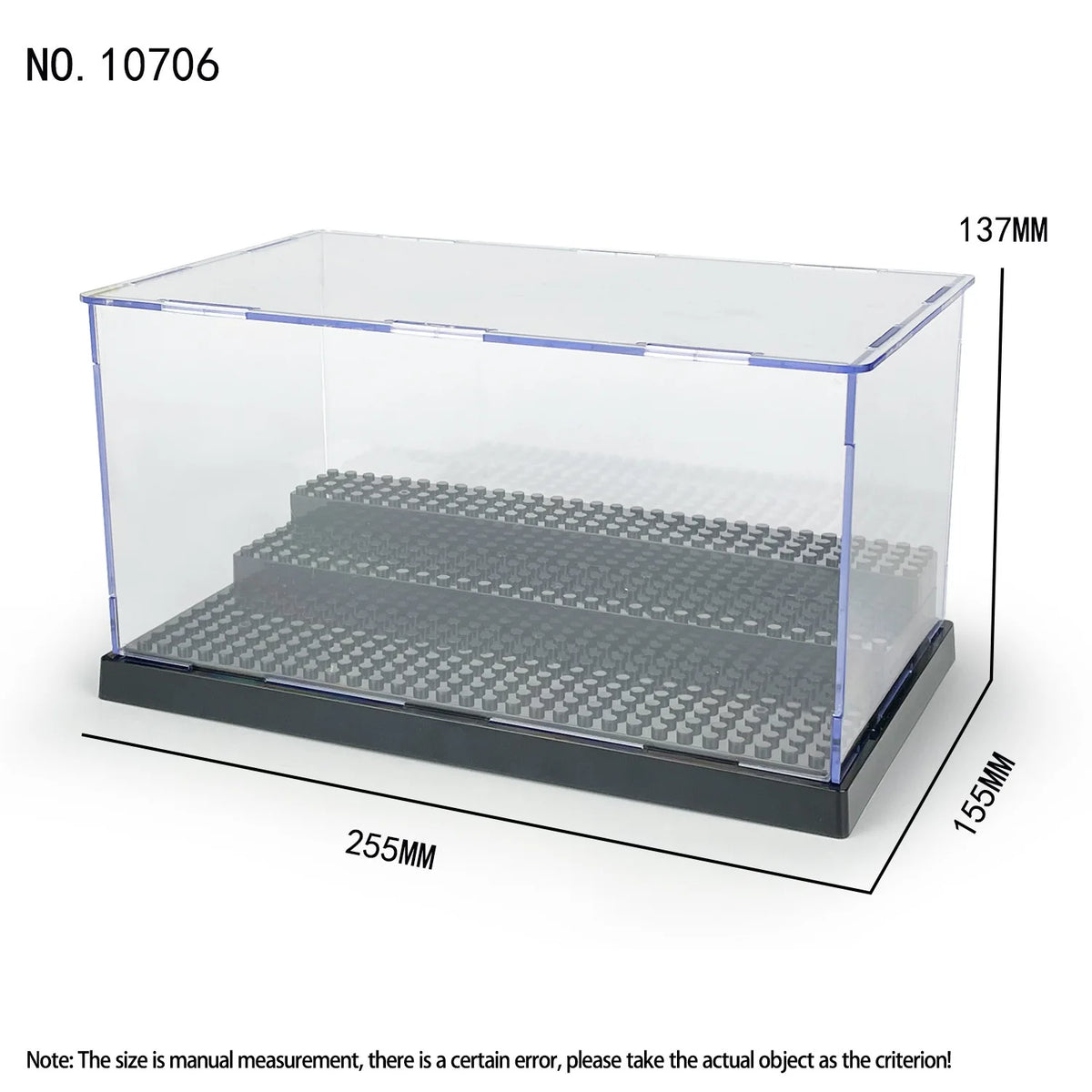 A clear acrylic display case with a black base and a mesh bottom, measuring 137mm in height and 255mm in length.