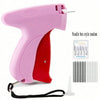 A pink mini handheld stitch gun with a red body and a needle box style random set shown next to individual needles.