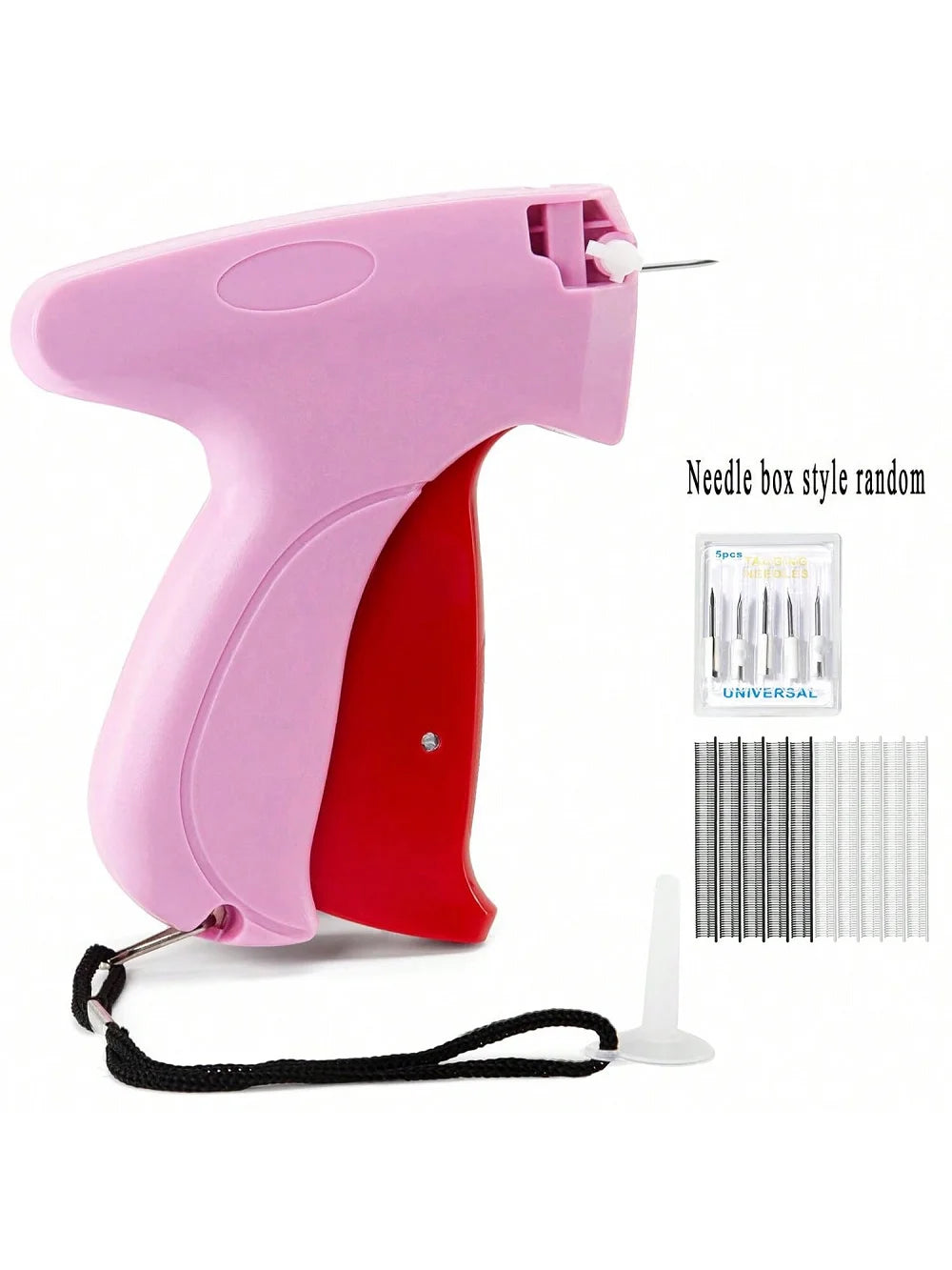 A pink mini handheld stitch gun with a red body and a needle box style random set shown next to individual needles.