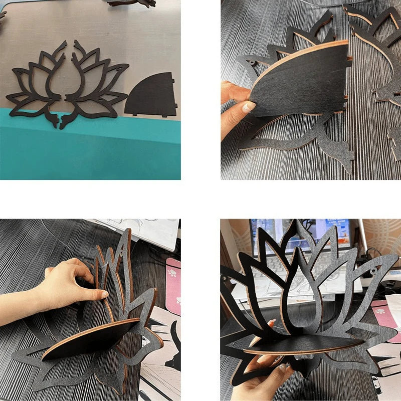 Handcrafted Lotus Wooden Wall Shelf with Cutout Design