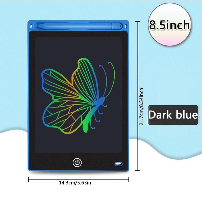 A dark blue 8.5-inch LCD drawing tablet displaying a colorful butterfly design.