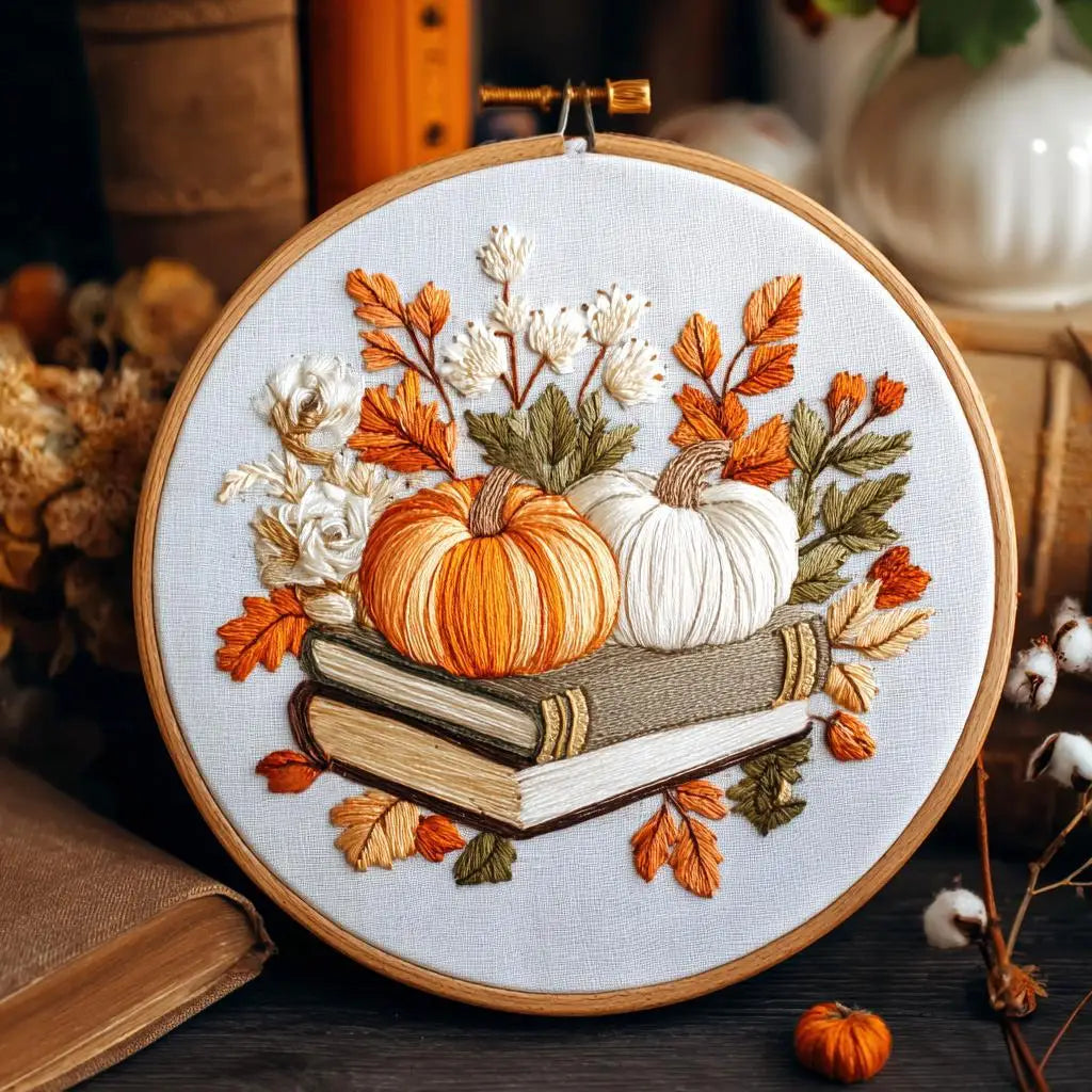Cross stitch kit featuring a fall pumpkin design on a white fabric with embroidery tools.