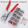A clear plastic storage box containing 50 pairs of color and metal pliers and a storage box.