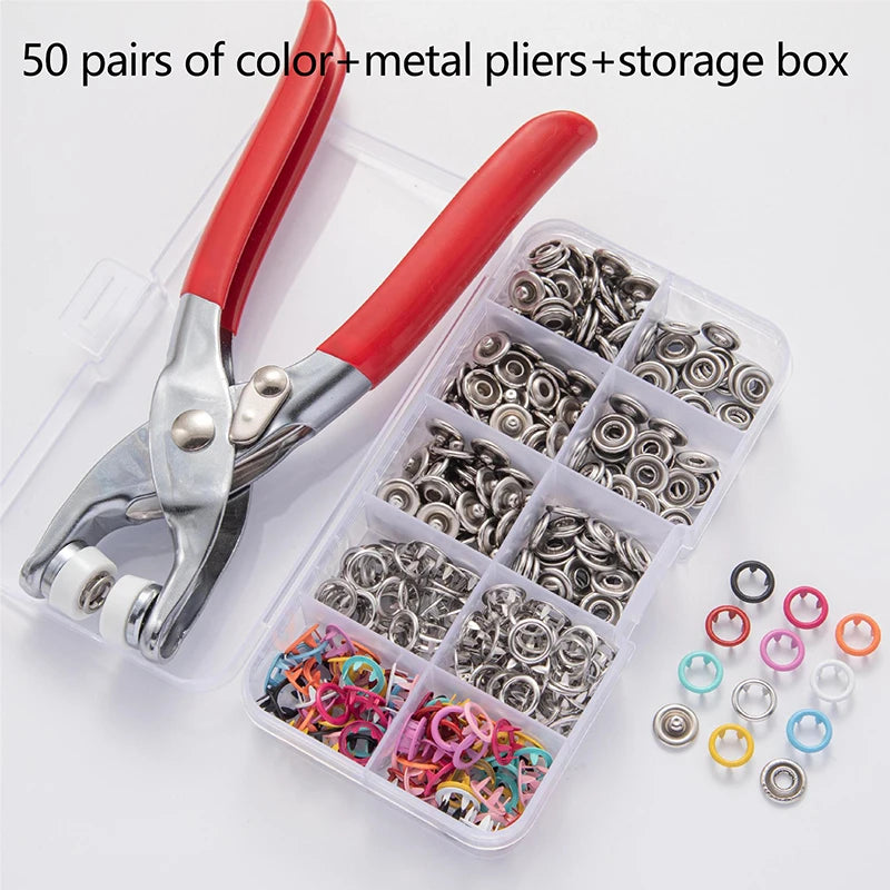 A clear plastic storage box containing 50 pairs of color and metal pliers and a storage box.