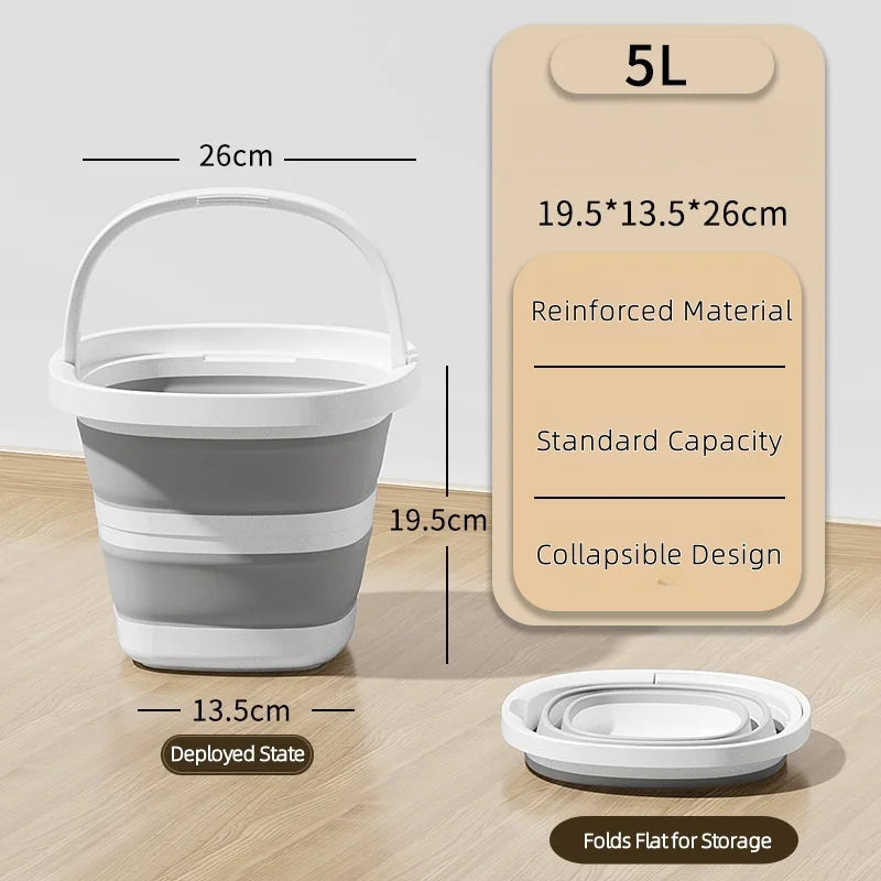 A white collapsible outdoor bucket with a carry handle shown in its deployed and folded states.