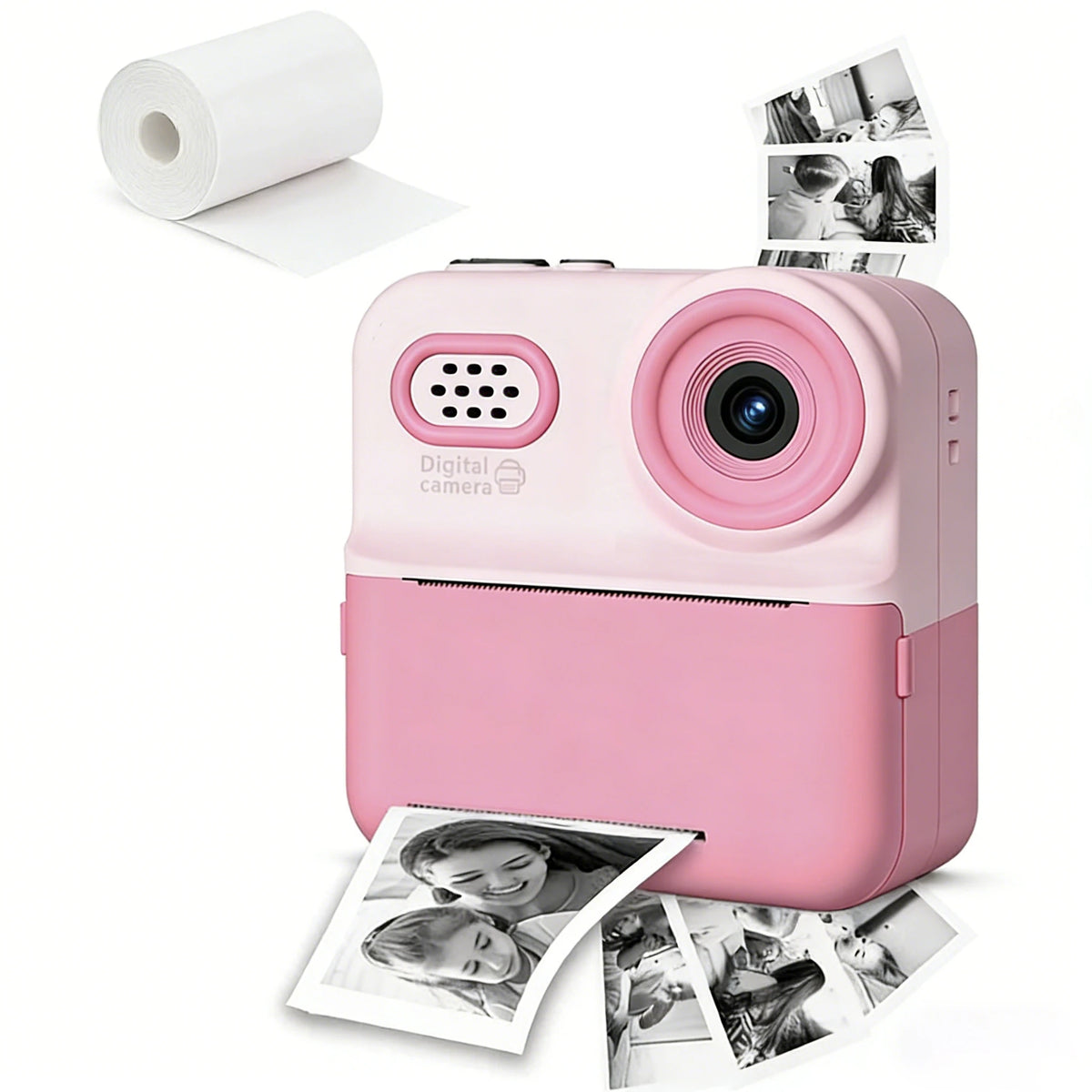 A pink compact portable thermal photo printer is shown with rolls of paper and printed photos.